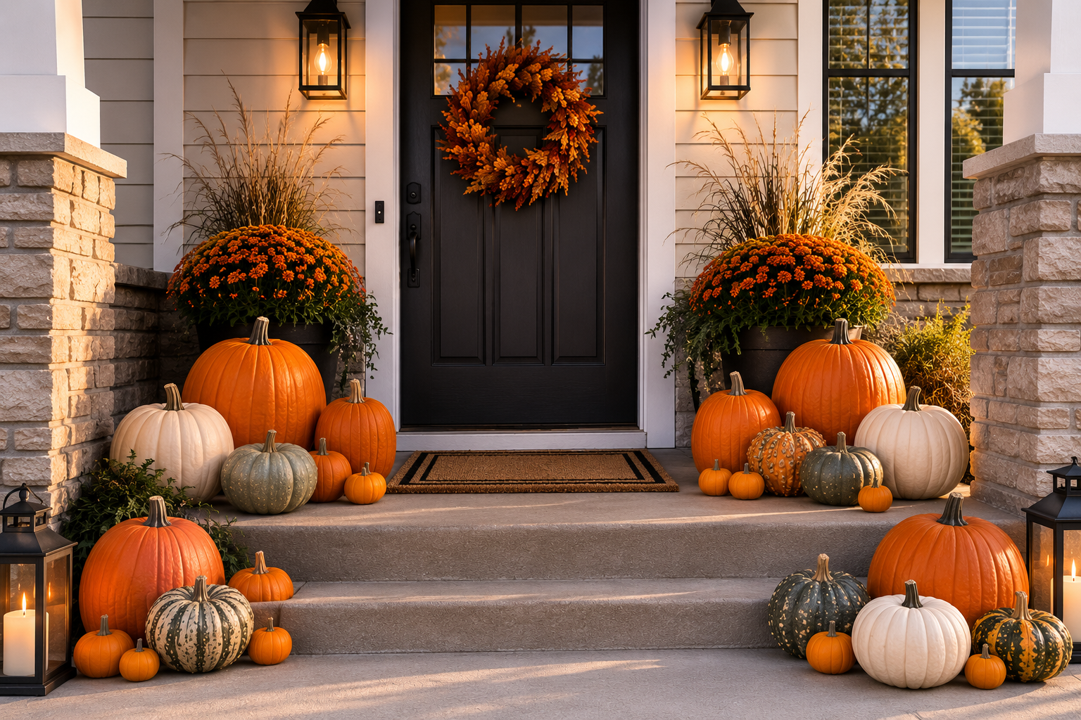 The Harvest Porch style of fall pumpkin display